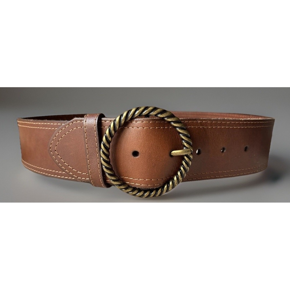VTG Nordstrom Wide Brown Leather Belt Brass Circle Buckle Classic Women Size S